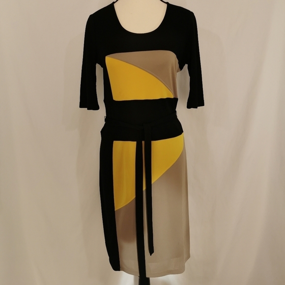 BCBGMaxAzria | Leticia yellow grey & black colour Block Dress - Sz M - Picture 2 of 8